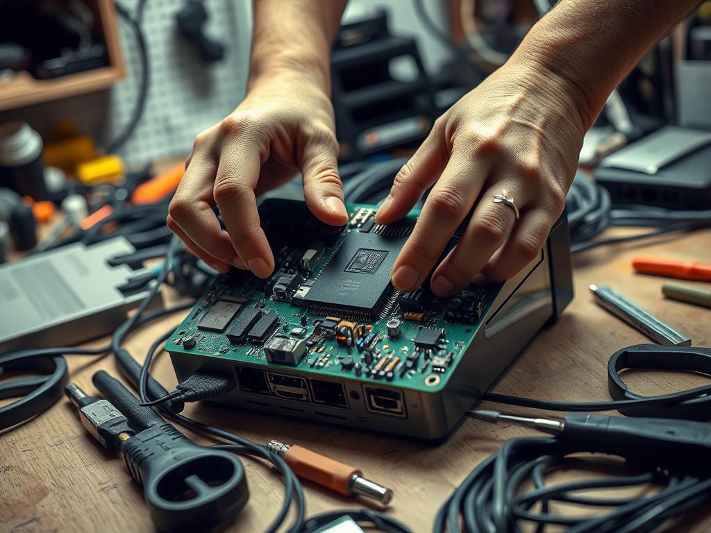 A person is assembling a circuit board surrounded by tools and cables on a wooden workbench.