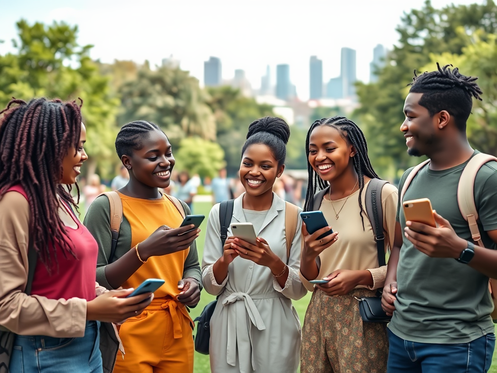 A group of six young adults smiles and interacts with their smartphones in a green park with a city skyline in the background.