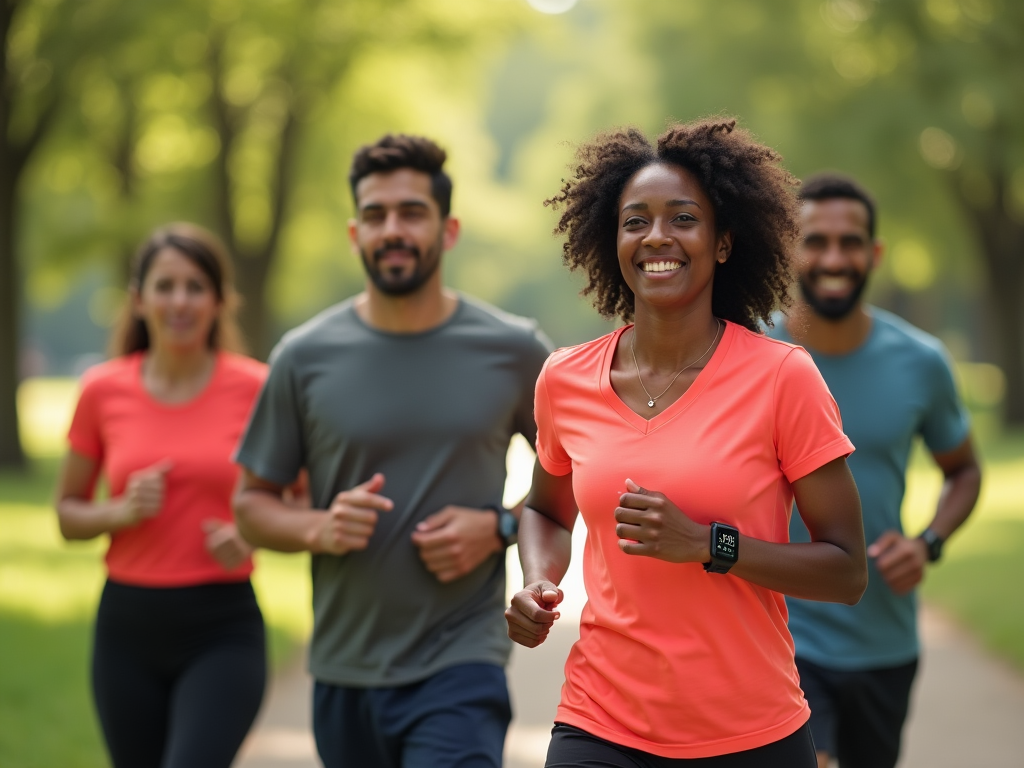 Four diverse people joyfully jogging in a green park, focus on smiling woman in foreground.