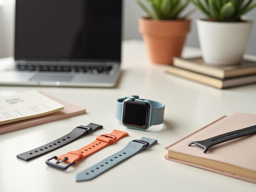 Desk with smartwatch, interchangeable straps, laptop, books, and plants.