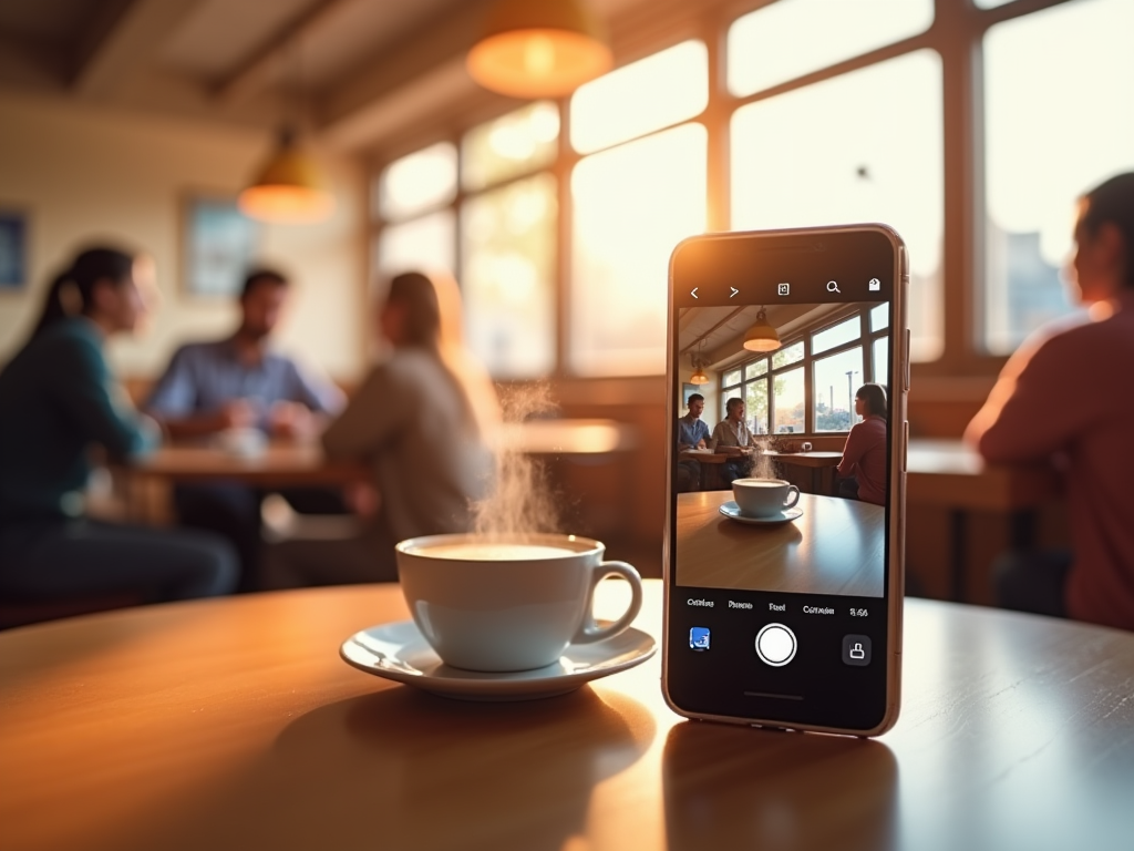 Smartphone capturing a coffee cup with people conversing in a sunlit cafe through its screen.