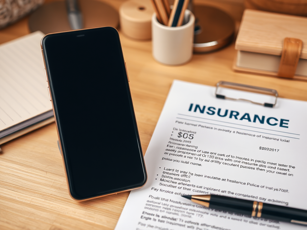 A smartphone rests next to an insurance document and a pen on a wooden desk with a notebook and other items.