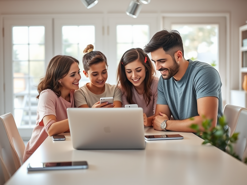 Four friends are gathered around a laptop, smiling and interacting with their phones at a bright, cozy table.