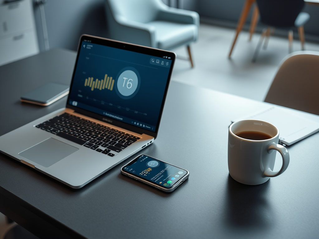 A laptop and smartphone display data graphs, next to a cup of coffee on a modern desk.