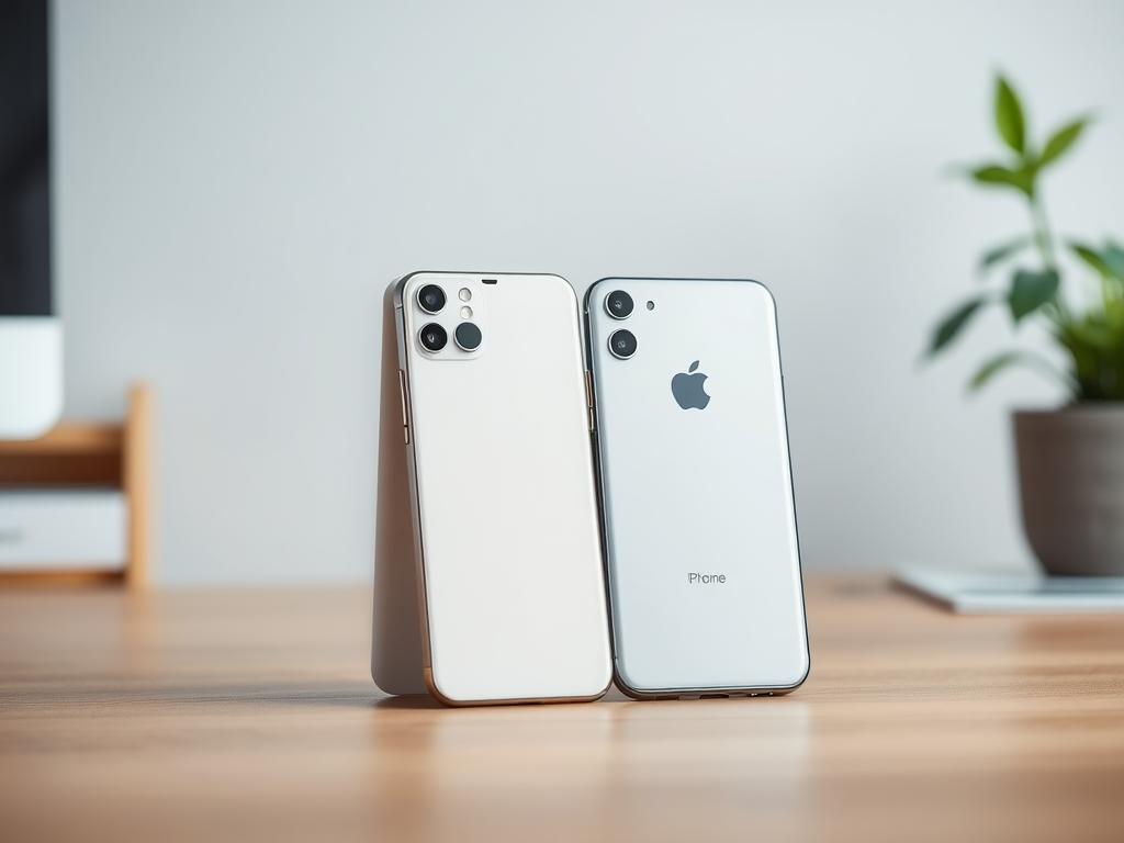 Two iPhones standing upright on a wooden surface, one white and the other silver, with a plant in the background.